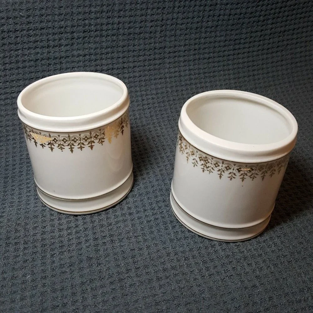 Vtg Lefton China Handpainted Cotton & Powder Holders Gold Embellishments No Lids